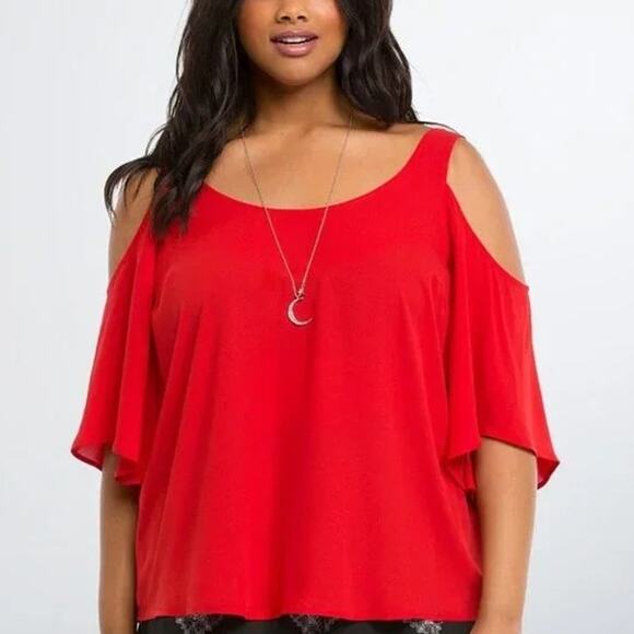 Torrid Georgette Cold Shoulder Top Flowy Blouse Size 3 Plus Size 3X  22-24 Red - Picture 3 of 11